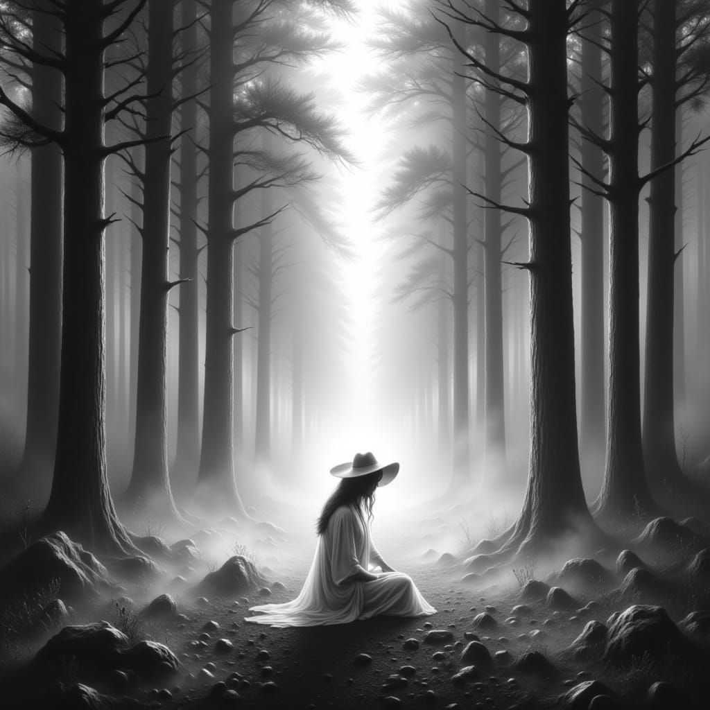 Monochrome Forest Corridor with Solitary Figure