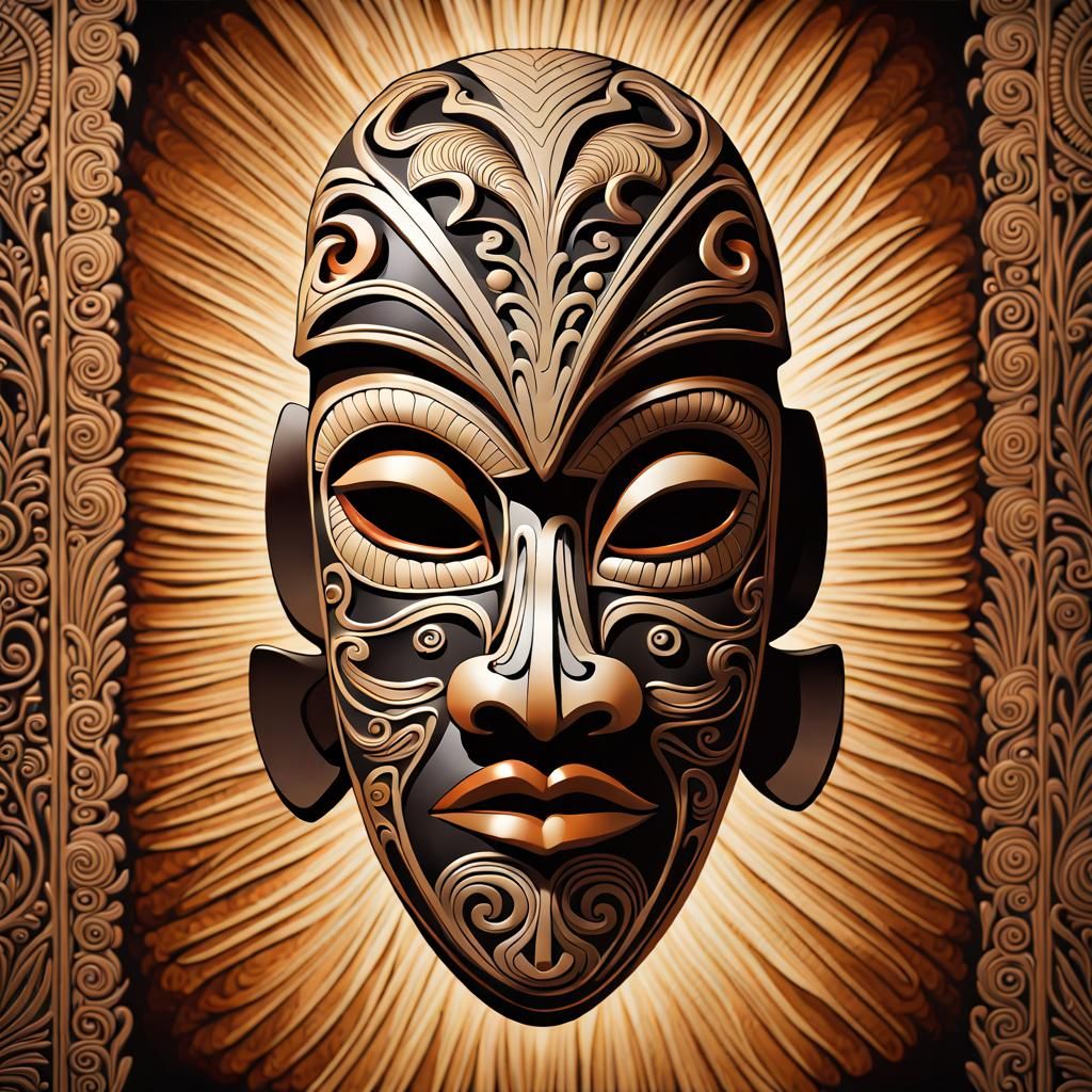 Detailed Maori Mask with Botanical Art and Tribal Designs