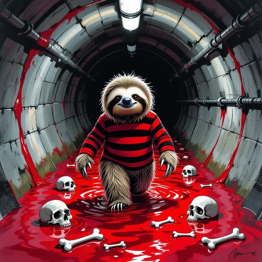 Fluffy Sloth as Freddy Krueger in Bloody Metallic Sewer