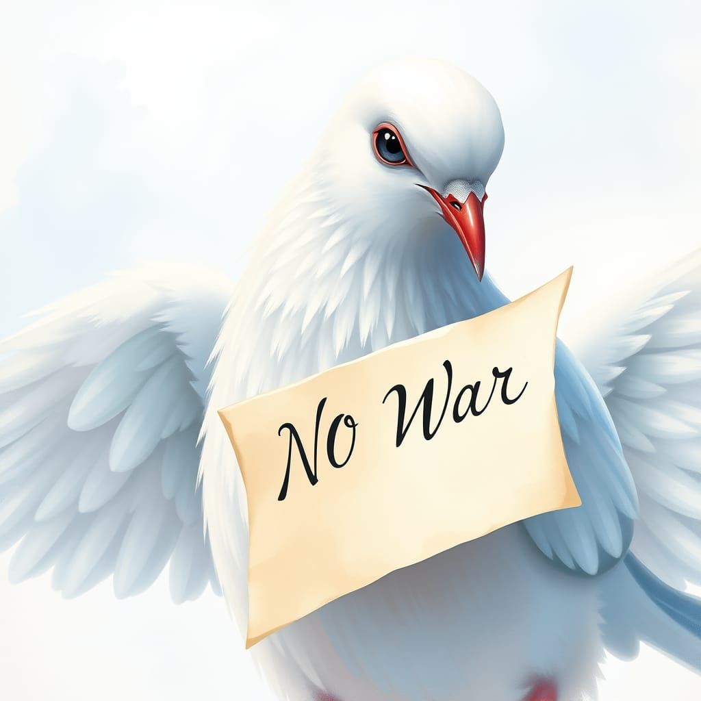 Majestic Dove Holds Scroll with NO WAR Inscription in Whimsi...