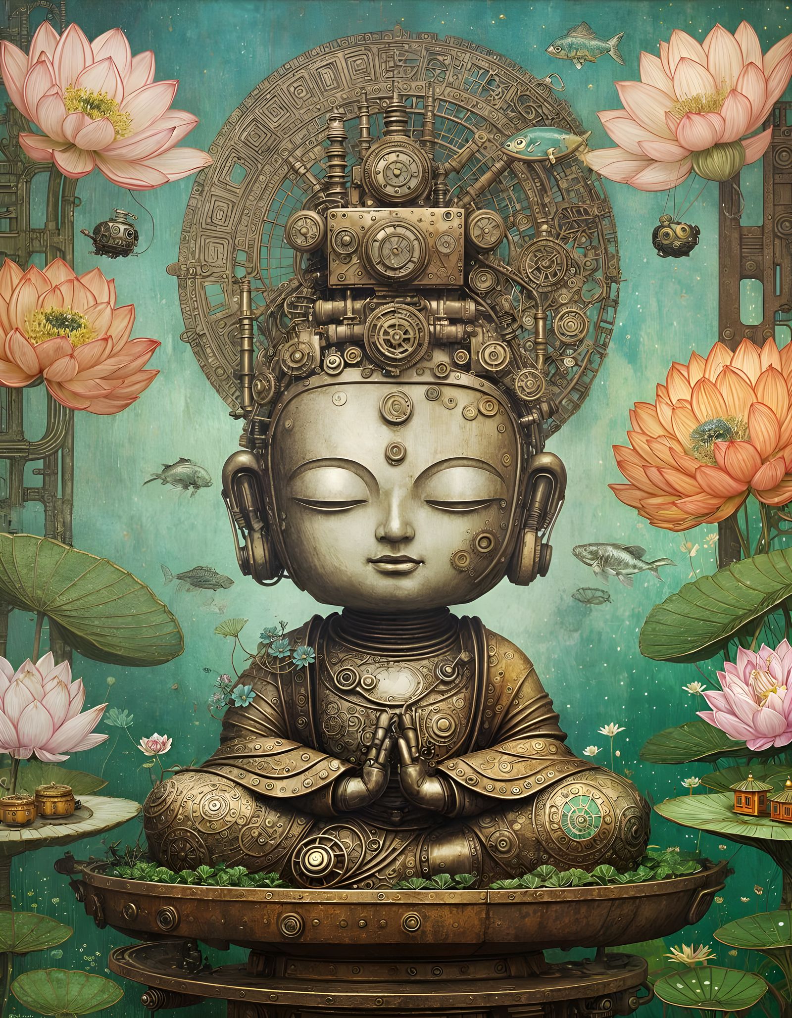 Steampunk Robot Buddha in Pastel Surrealism
