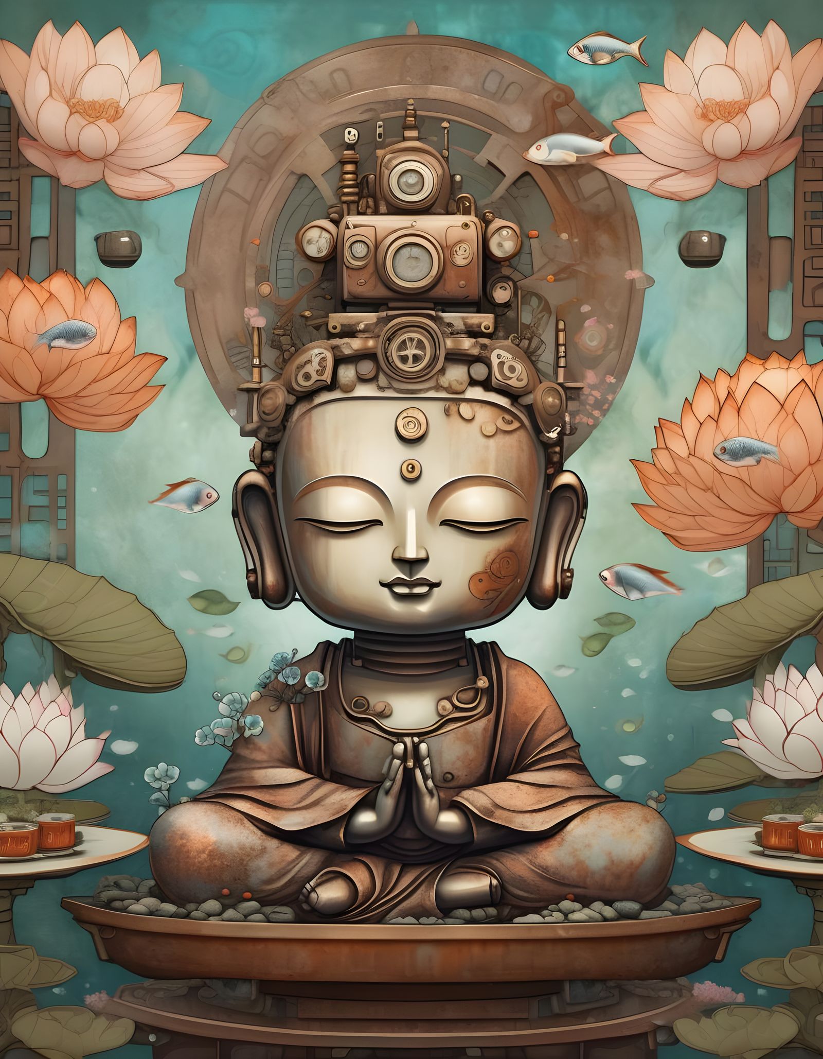 Steampunk Buddha Robot Meditating with Sushi