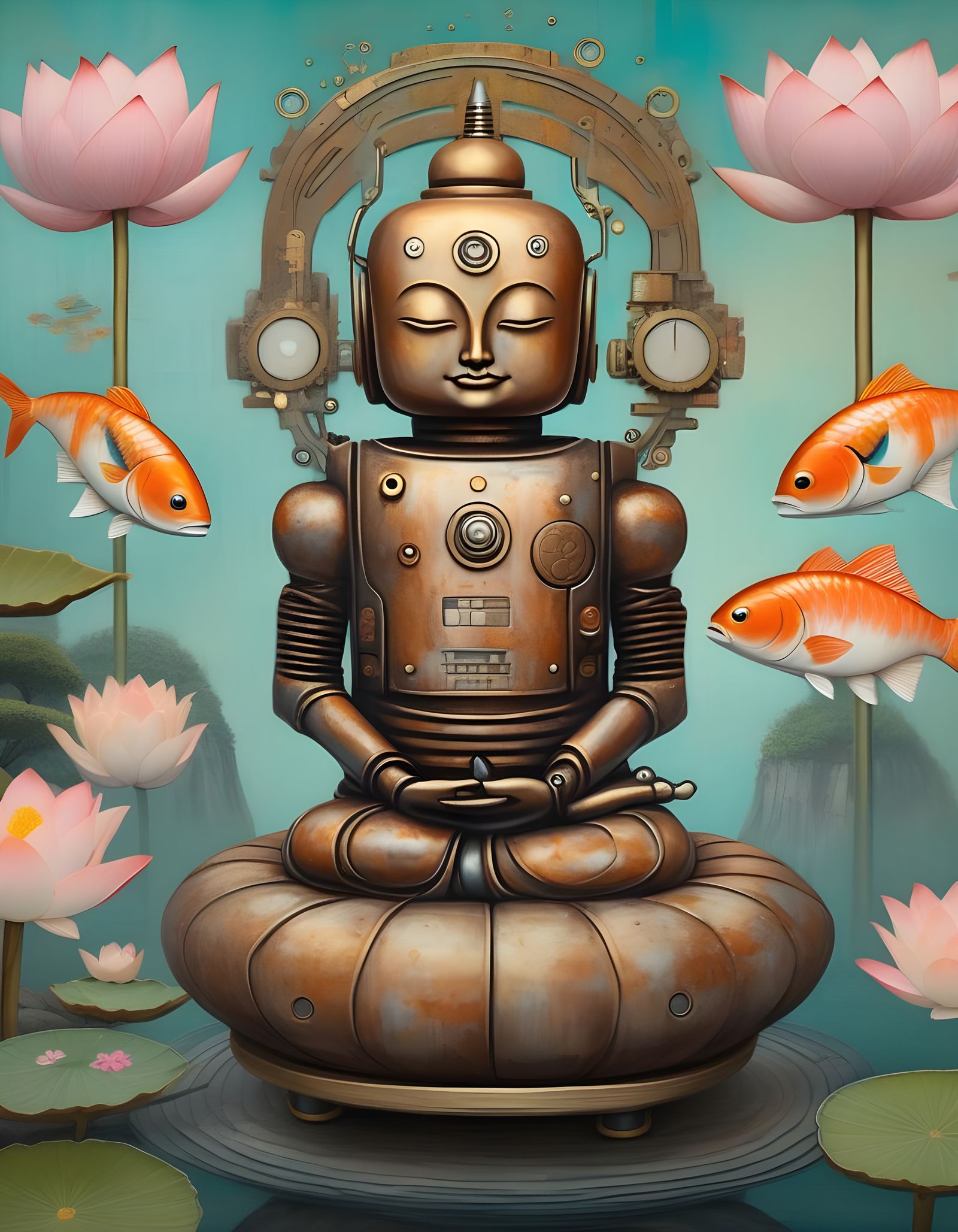 Steampunk Buddha Robot in a Surreal Setting