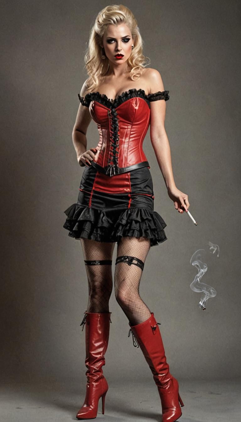 Mistress in Red Corset and Fishnets: Photorealistic Portrait