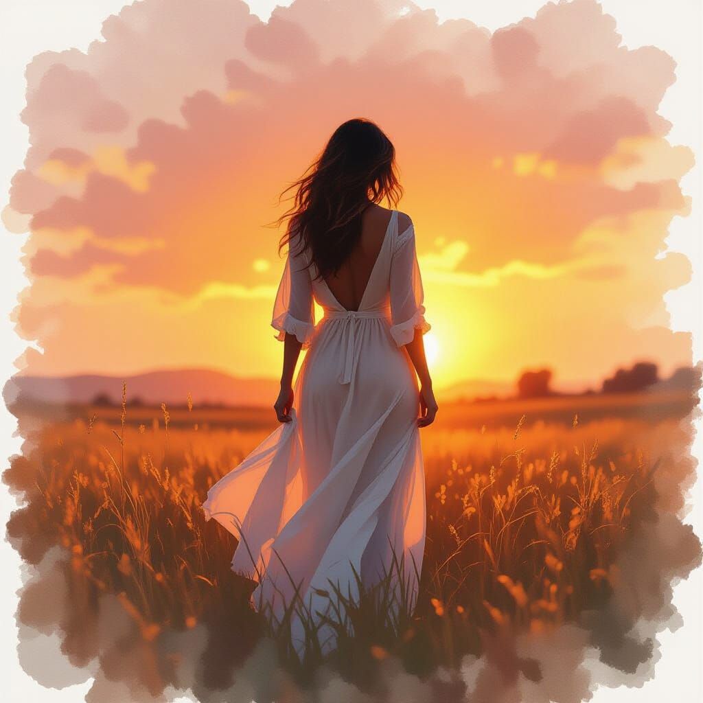 Sunset Figure in Watercolor Style