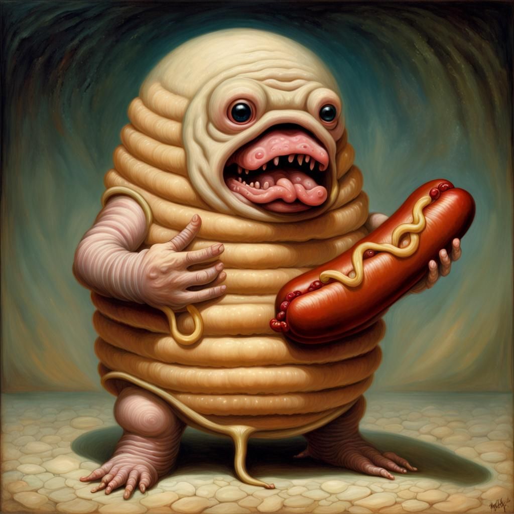 Surreal Hotdog Tardigrade in Dark, Gritty Style