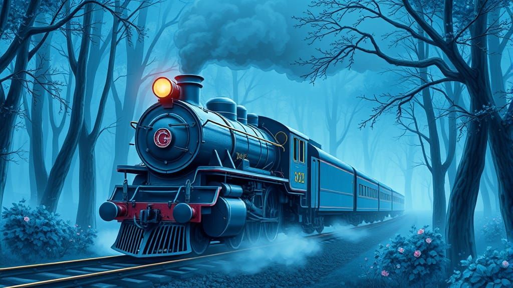 Blue Steam Train in Misty Forest, Comic Book Art
