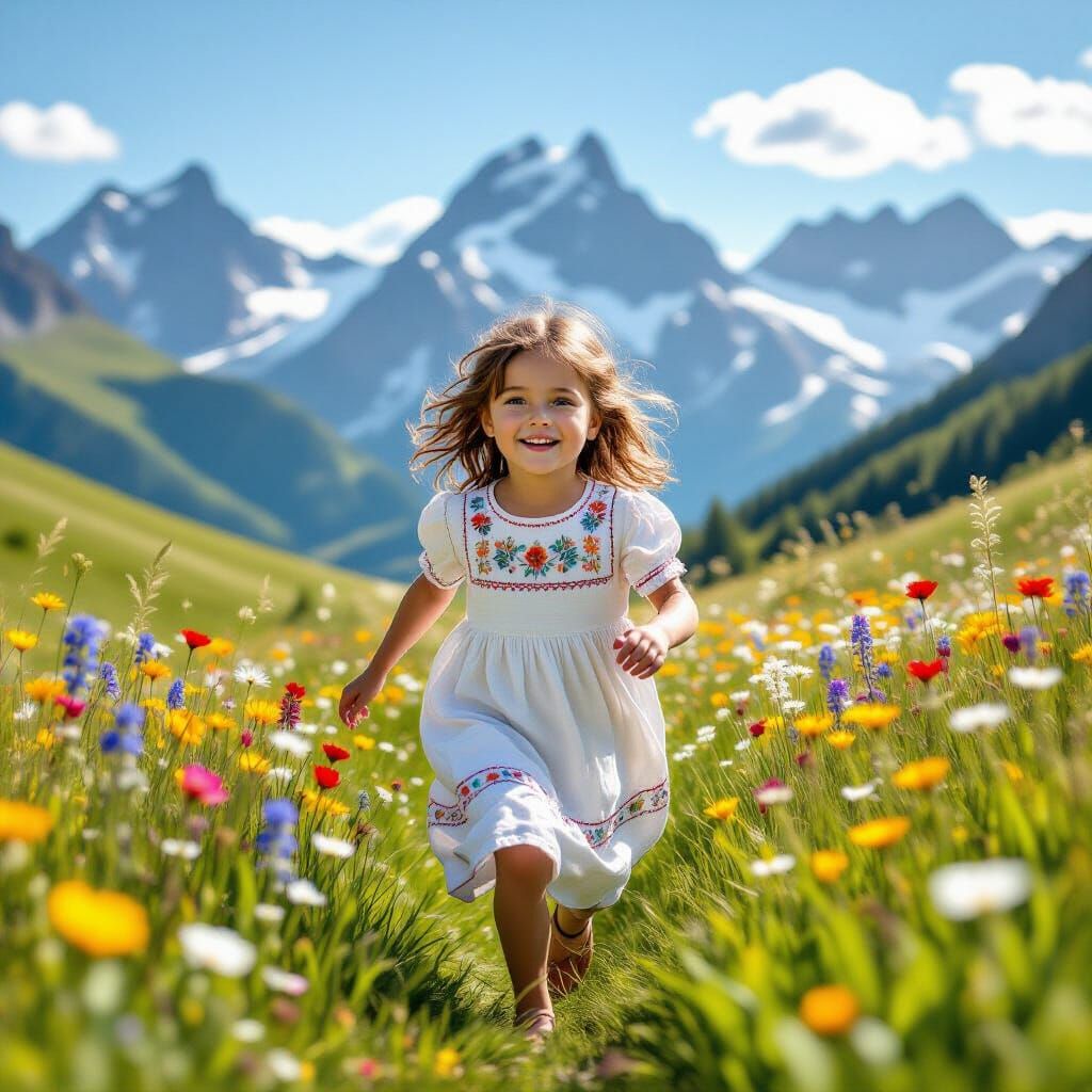 Joyful Girl in Alpine Meadow, Snow-Capped Mountains