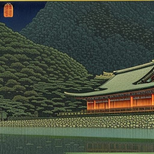 Snowy Temple Landscape in Shin-hanga Style