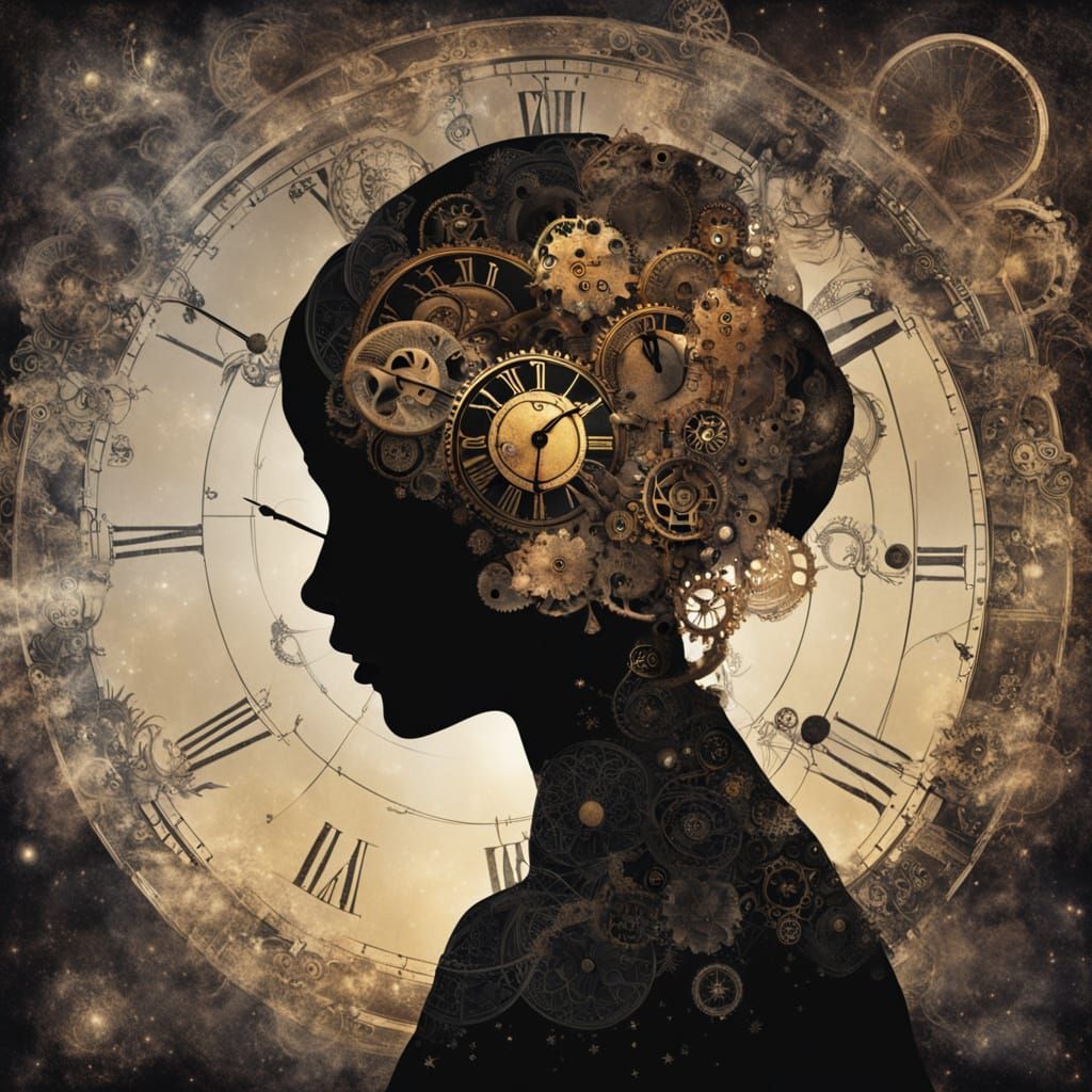 Surreal Double Exposure: Woman's Silhouette with Cosmic Cloc...