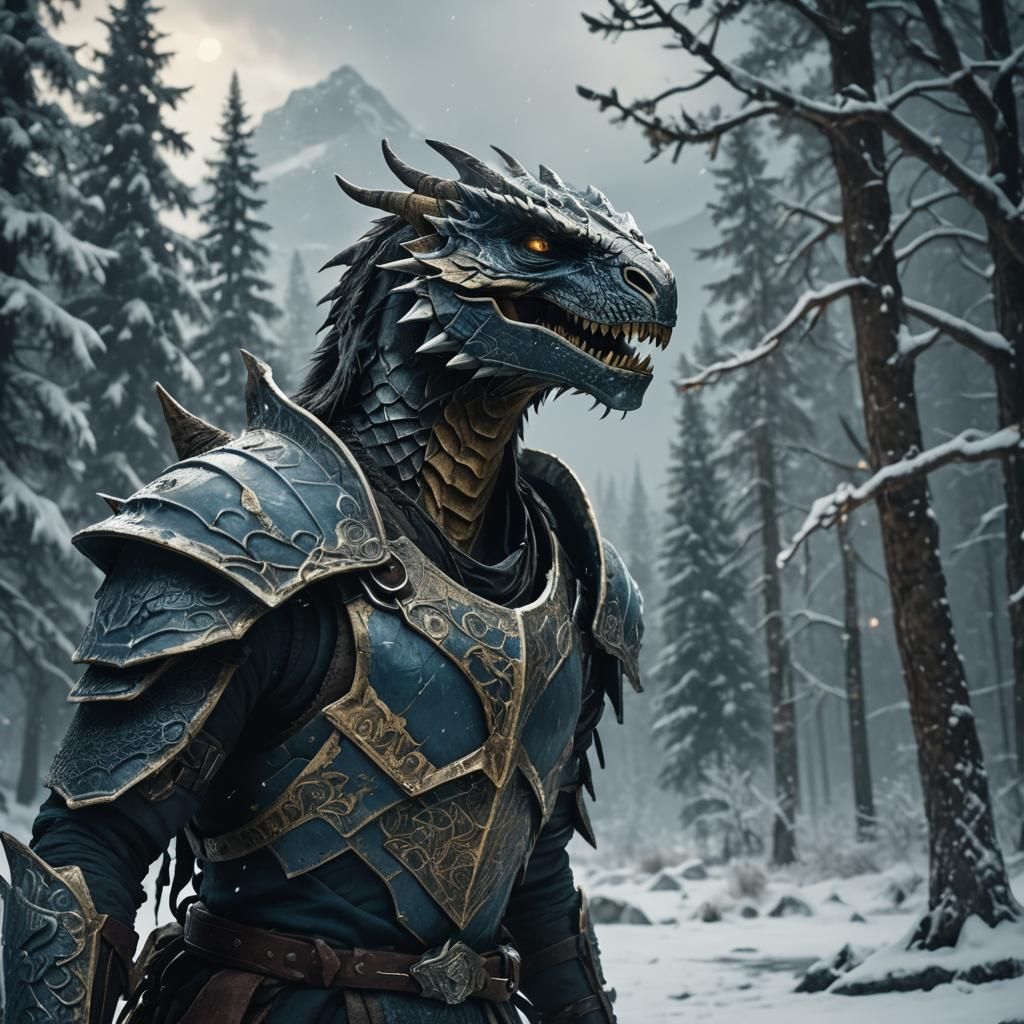 Dragonborn in Snowy Skyrim Wilderness: Cinematic Still