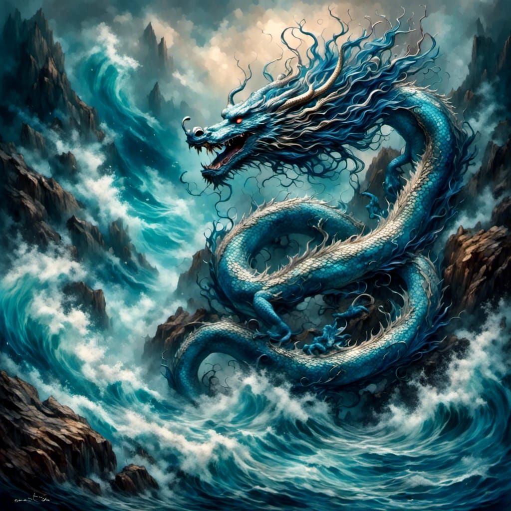Iridescent Chinese Dragon Over Rocky Shore