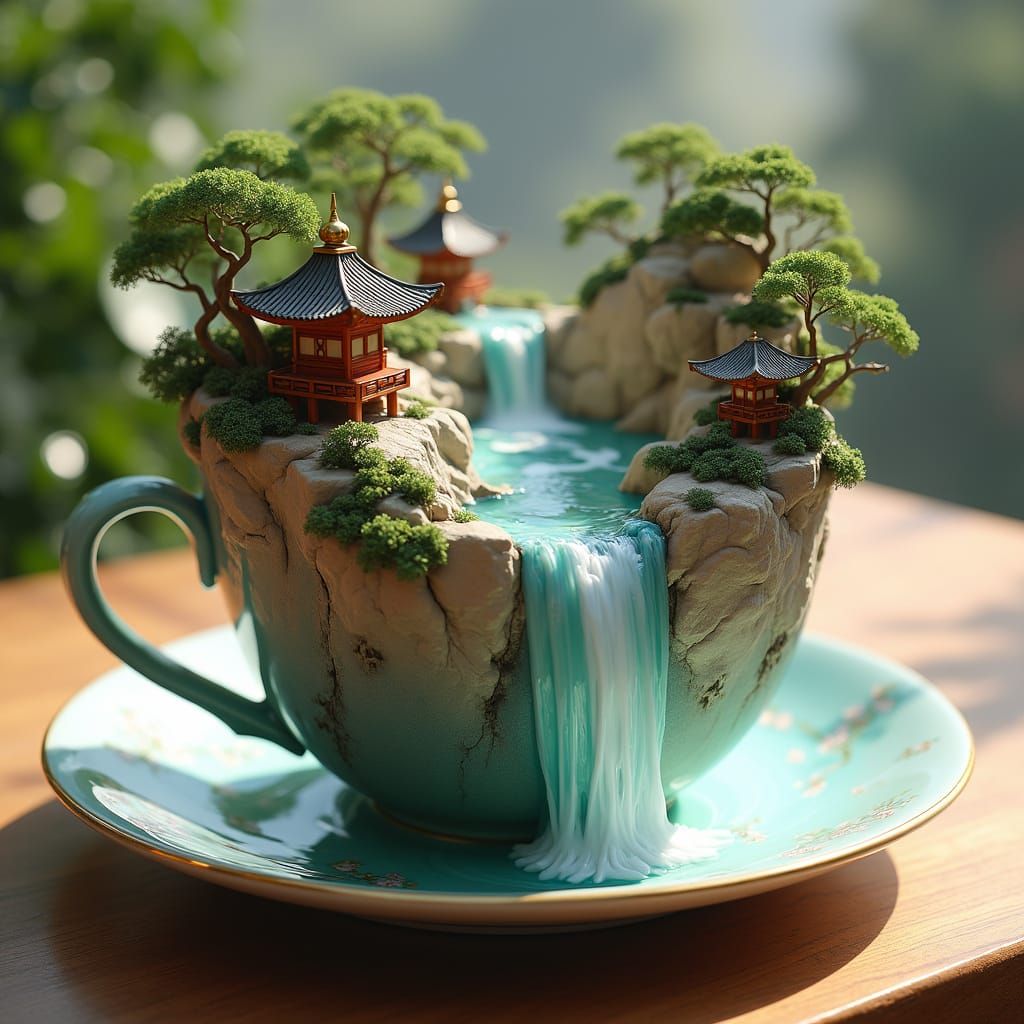 Whimsical Porcelain Teacup Landscape in Traditional Japanese...