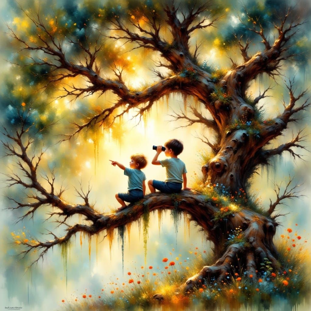 Boys on Oak Branch in Impressionist Style