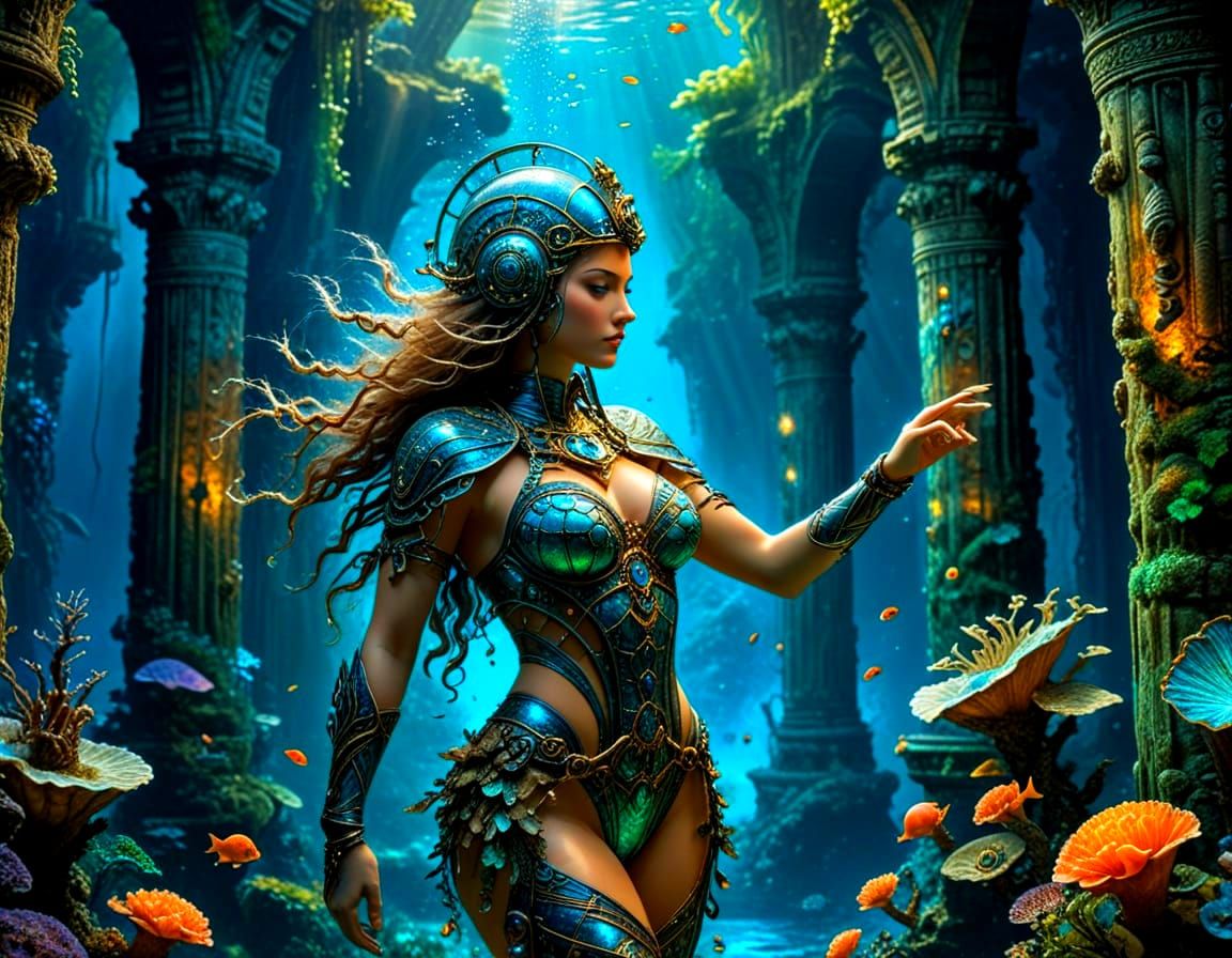 Diver Explores Bioluminescent Temple in Surreal Style