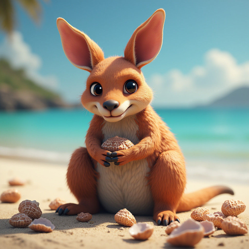 Kangaroo on Beach with Shells: Fantasy Concept Art