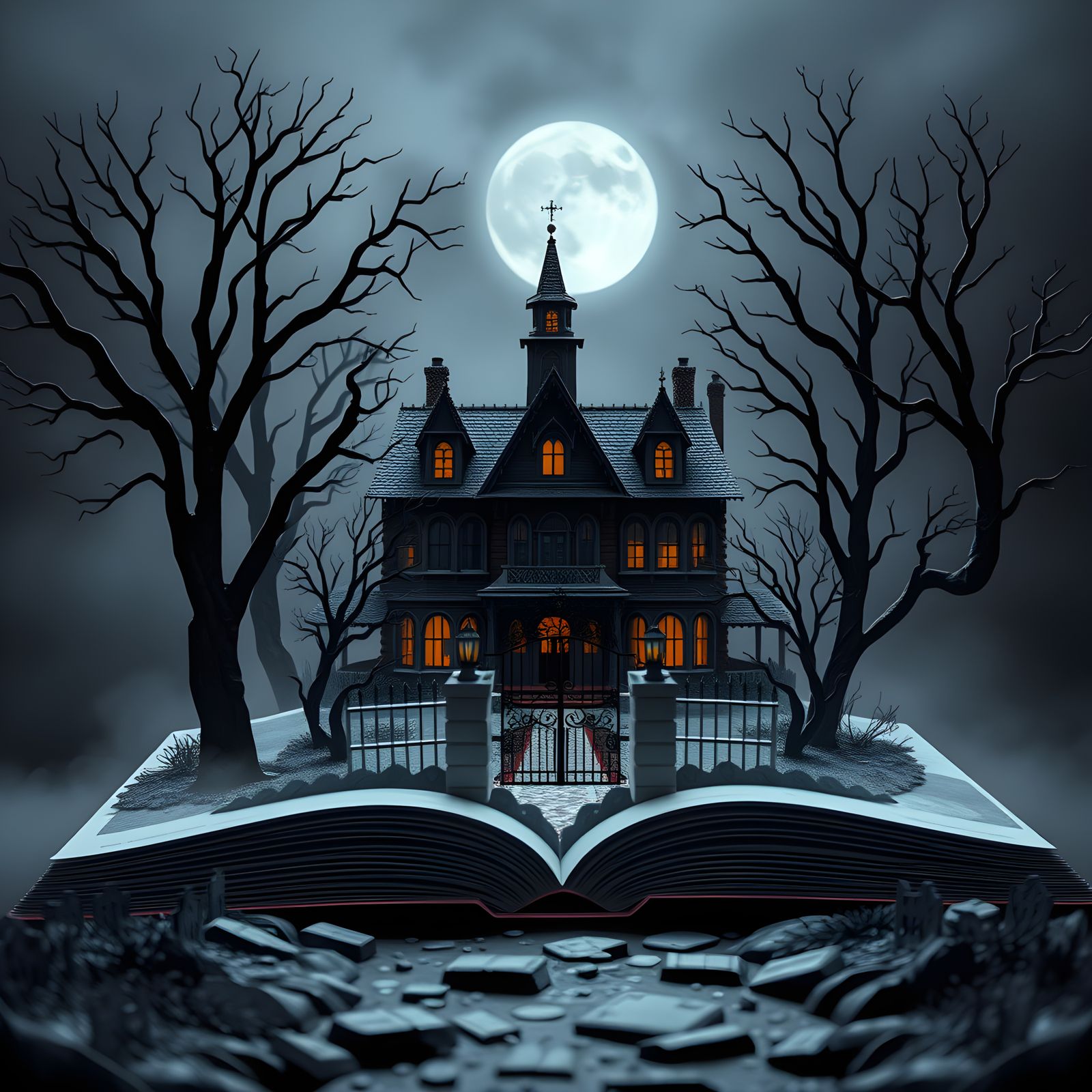 Gothic Haunted Mansion Popup Book in Origami Style