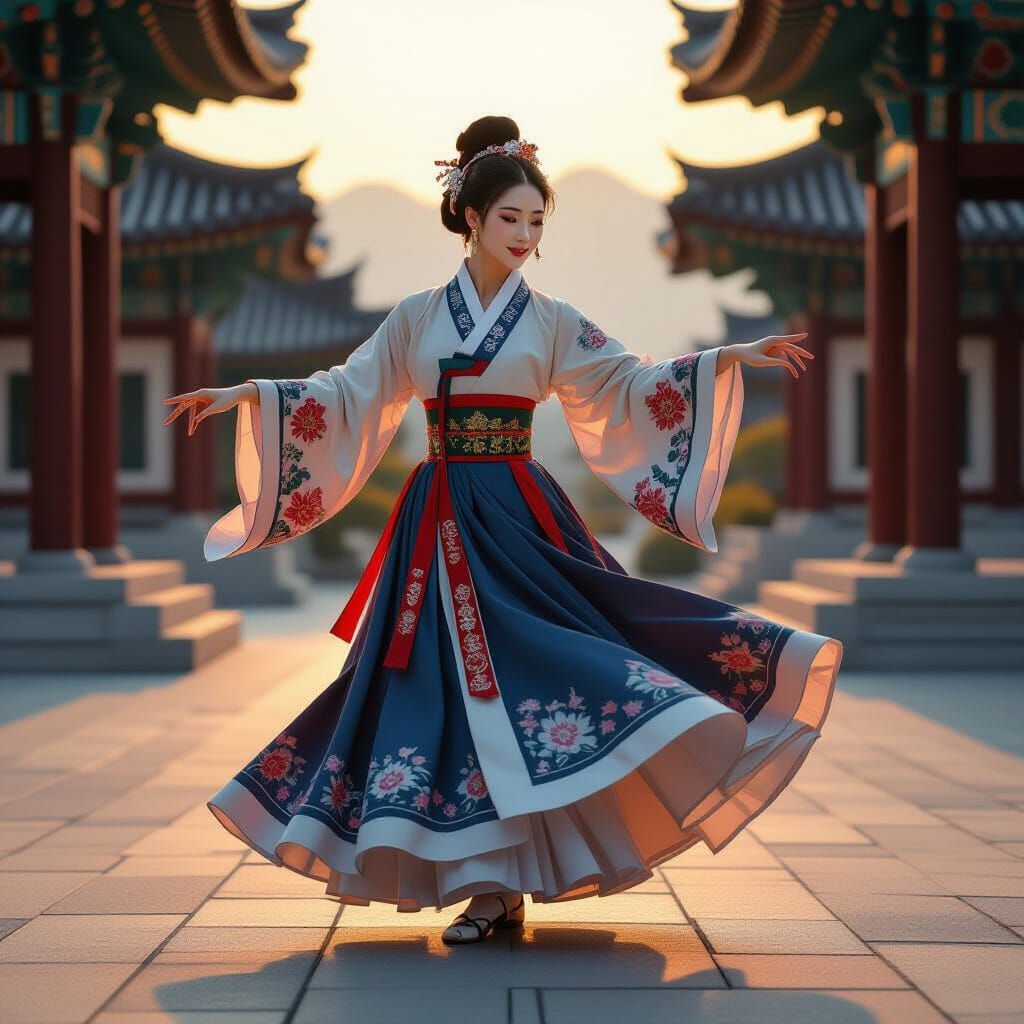 Graceful Korean Dancer at Sunset Temple