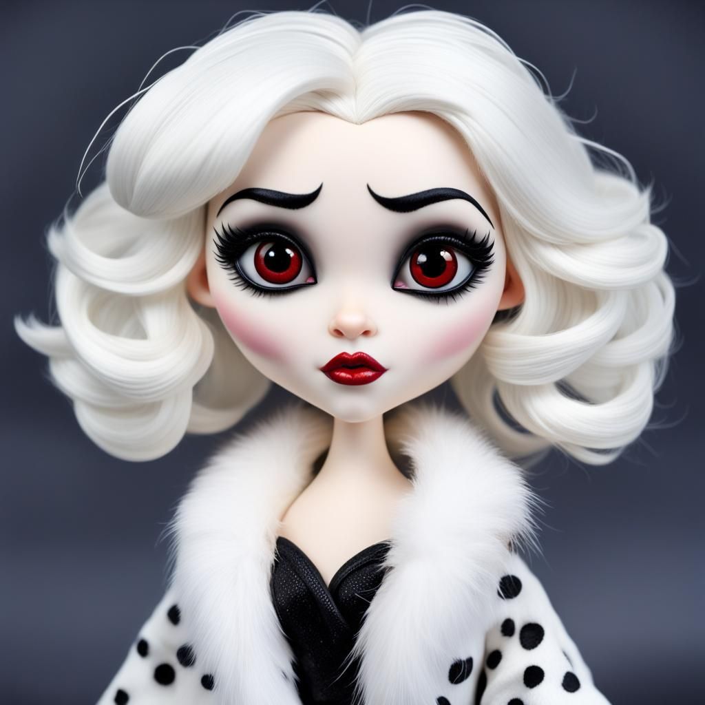 Disney Pixar style 3D doll-like strikingly beautiful Cruella de Vil, big expressive eyes, white hair with black streaks,...