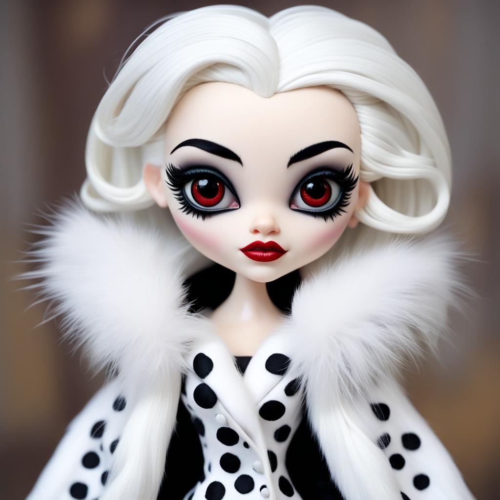 Disney Pixar style 3D doll-like strikingly beautiful Cruella de Vil, big expressive eyes, white hair with black streaks,...