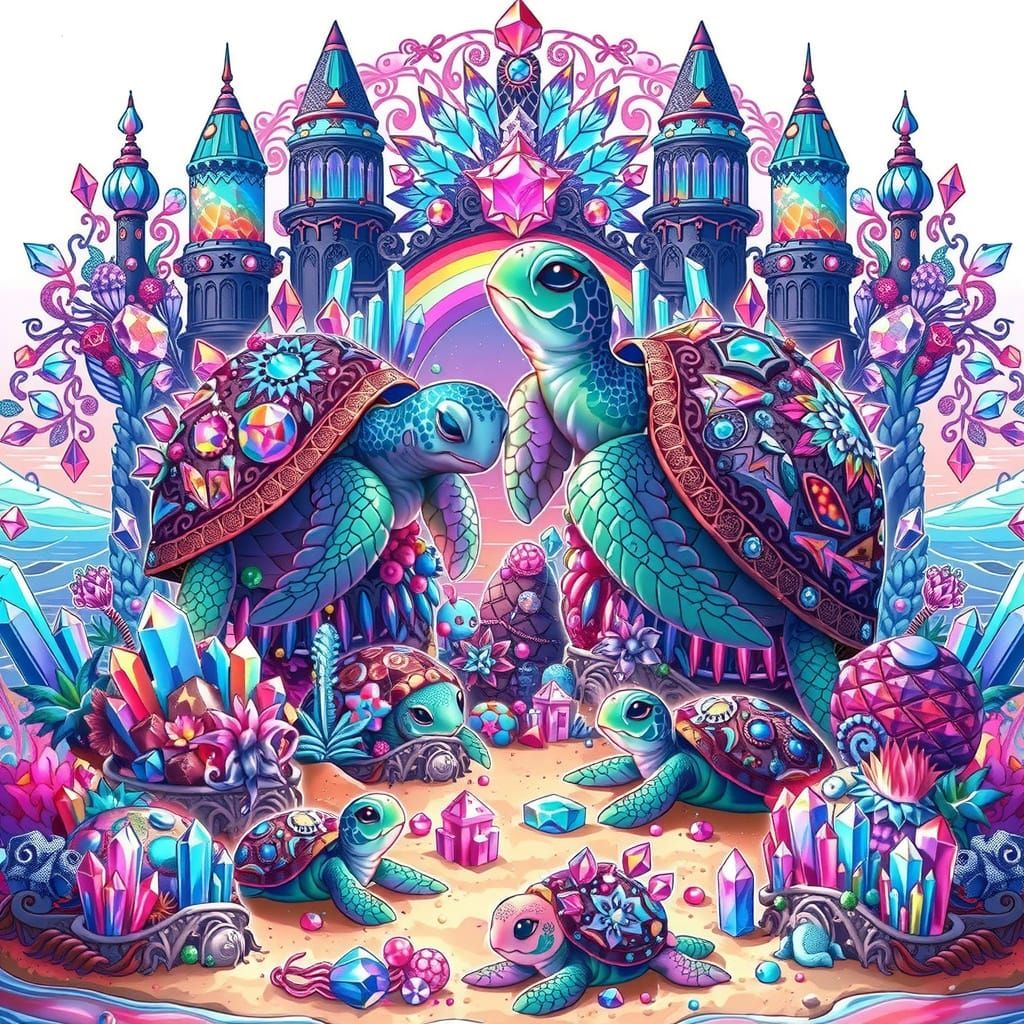 Goth Punk Sea Turtles Play in Colorful Sand Castles