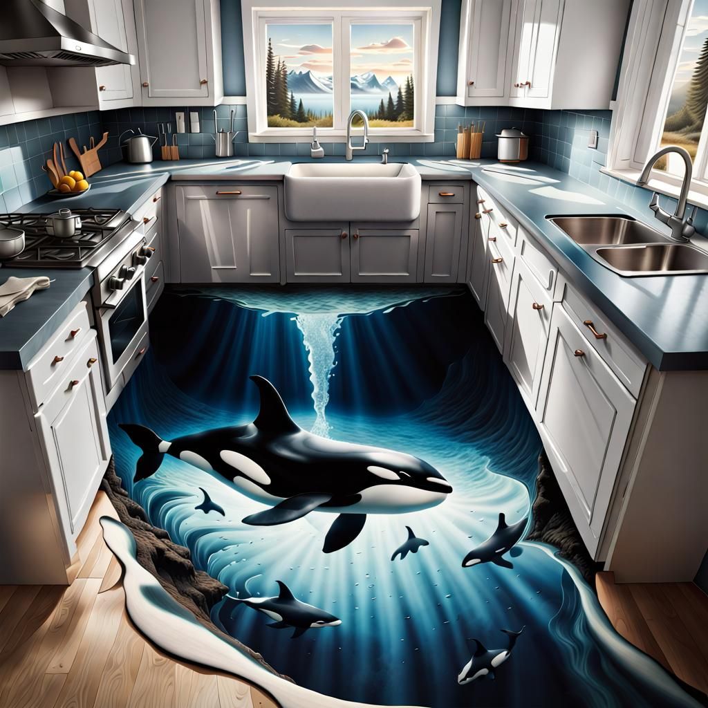 Floor art of an abyss with a orca inside a kitchen