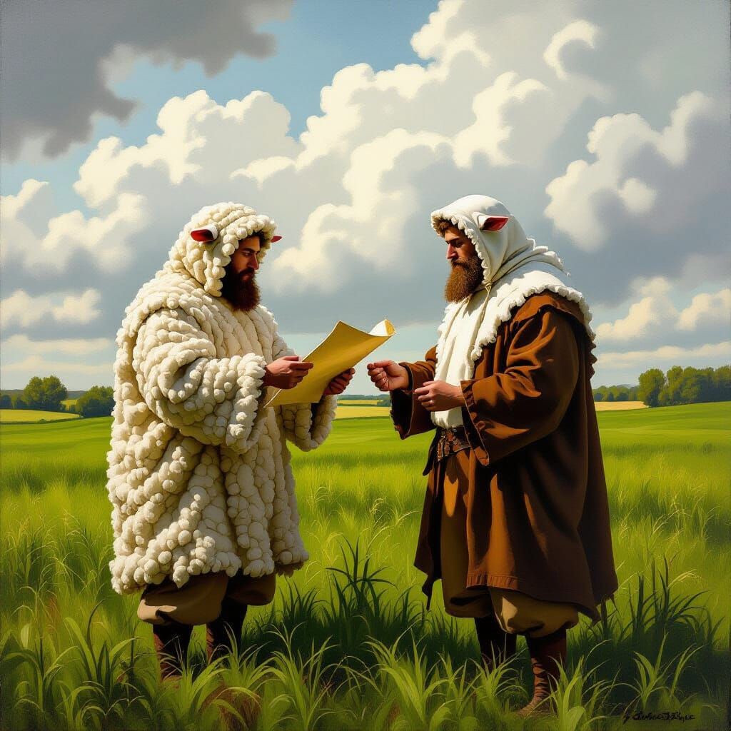Men in Sheep Costumes Exchanging Scroll in Painterly Style
