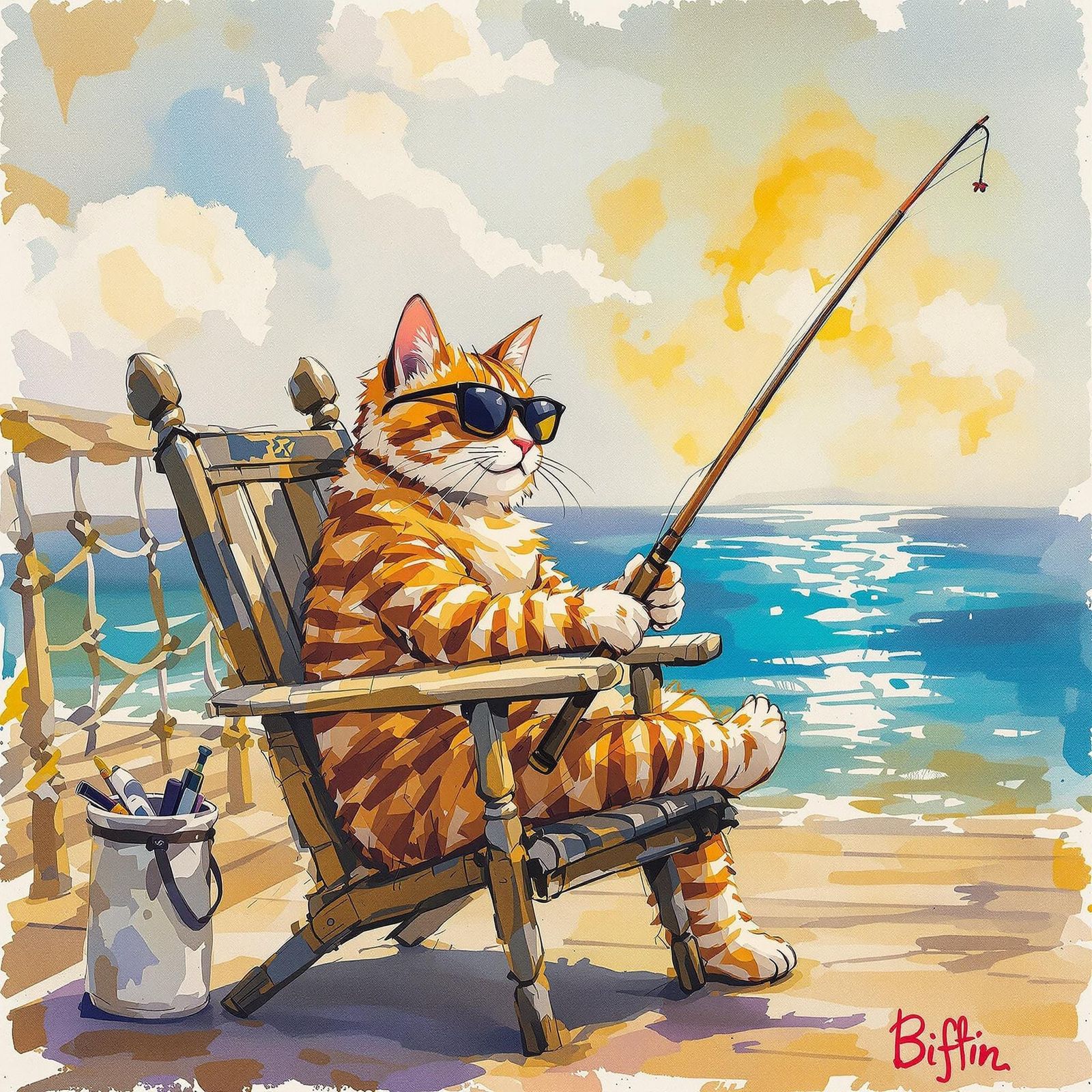 Feline Fisherman in Coastal Post-Impressionist Art