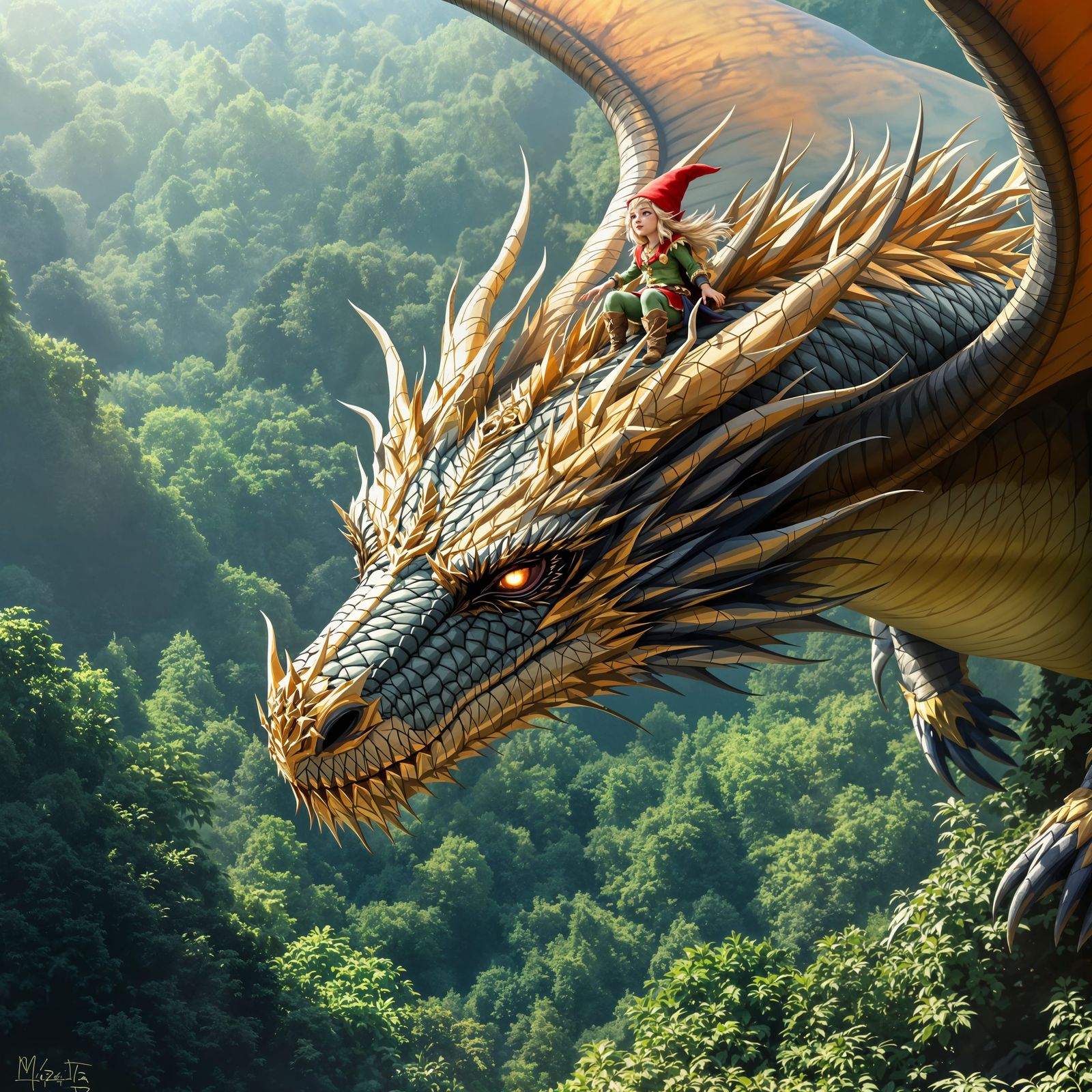 Gnome Rider on Giant Dragon Over Forest