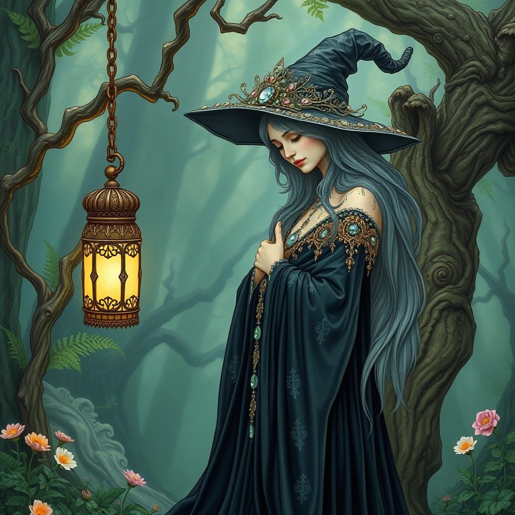 Ethereal Art Nouveau Witch in Enchanted Forest