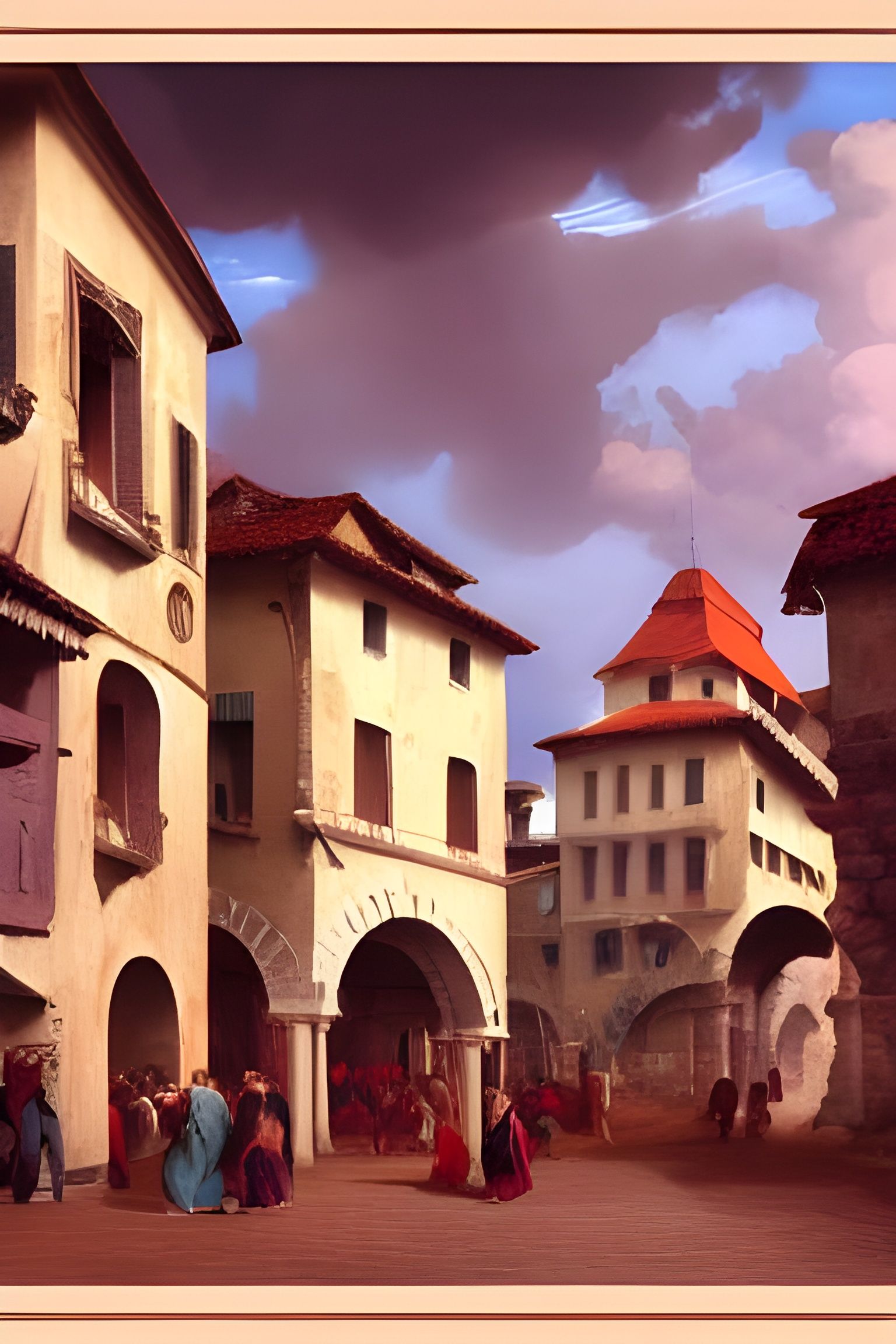Italian Renaissance Town Center Painting in Photorealistic S...