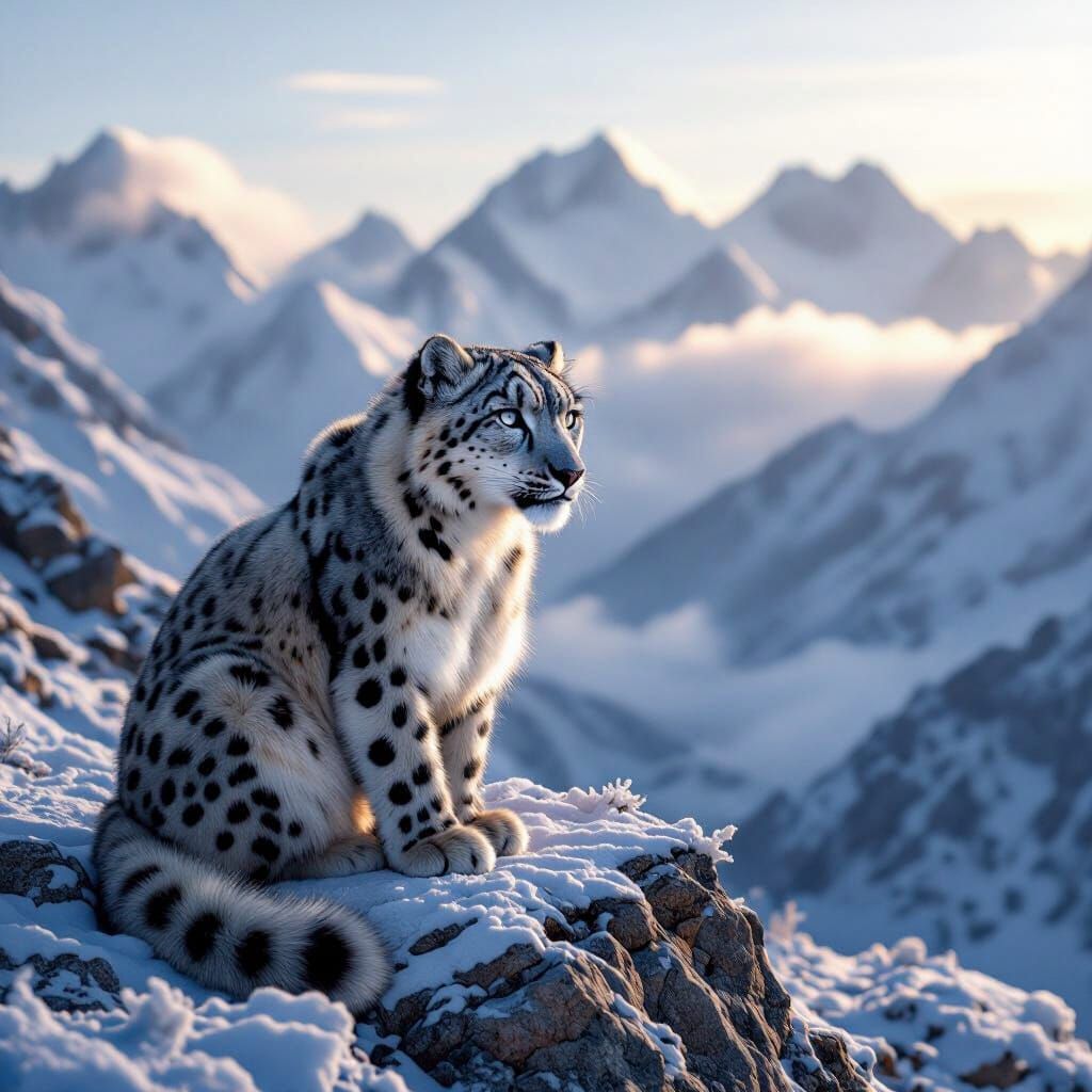 Snow Leopard Surveys Frozen Valley at Sunrise