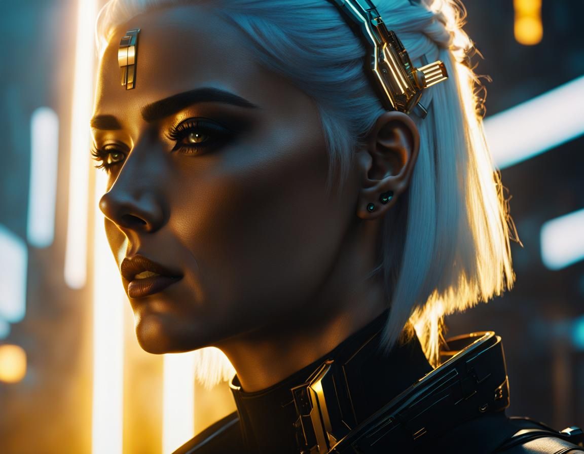 Cyberpunk Girl with White Hair and Golden Light