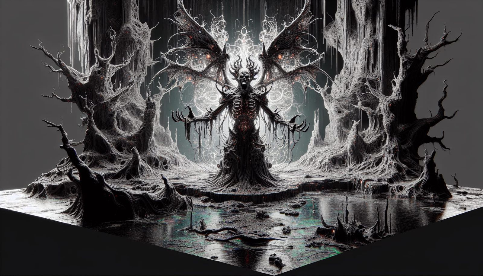 Demonic Entity Near Corrupted Lake in Romantic Style