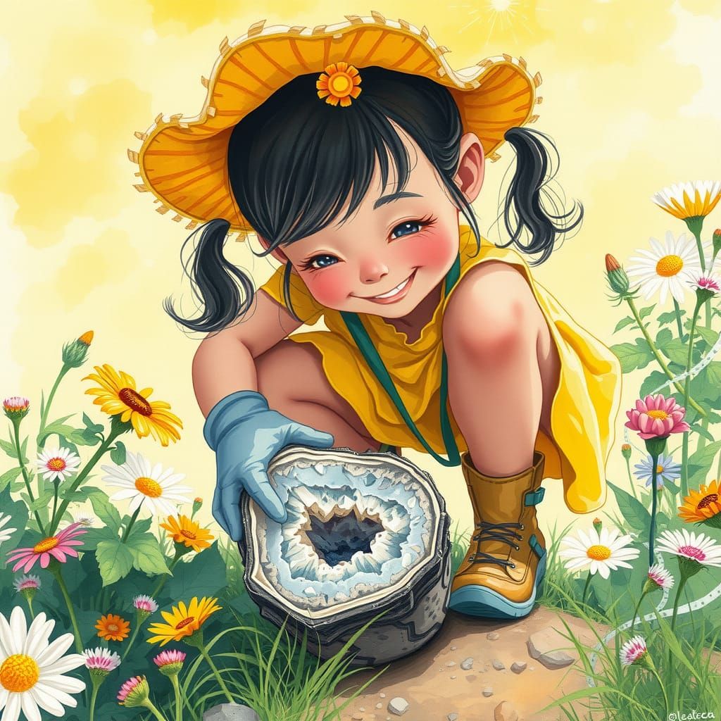 Girl Finds Crystal Geode in Wildflower Meadow