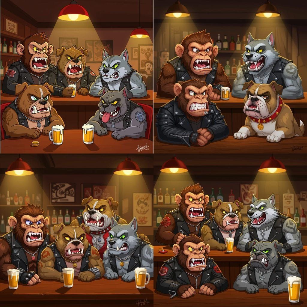 Cartoon Biker Gang of Animals in a Bar