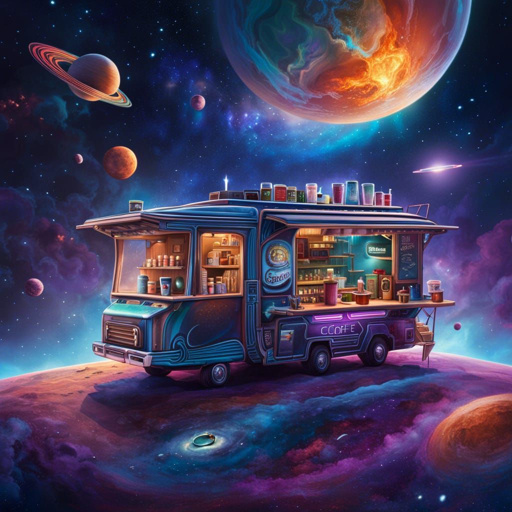 Cosmic Coffee Truck in Hyperrealistic Style