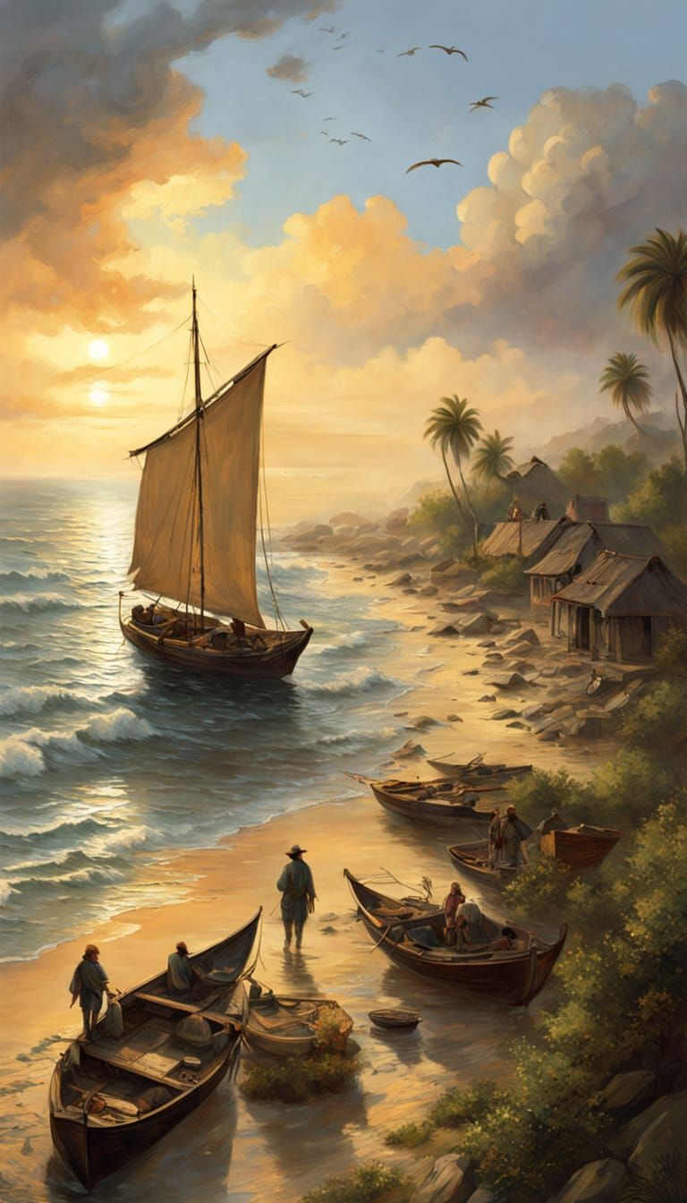 Ancient Coastal Village at Sunset with Maritime Activity