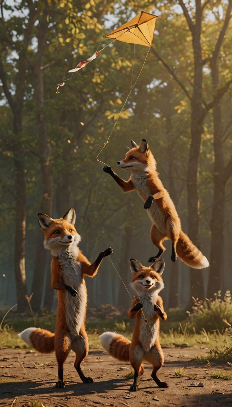 Foxes Playing With a Kite in Cinematic Lighting