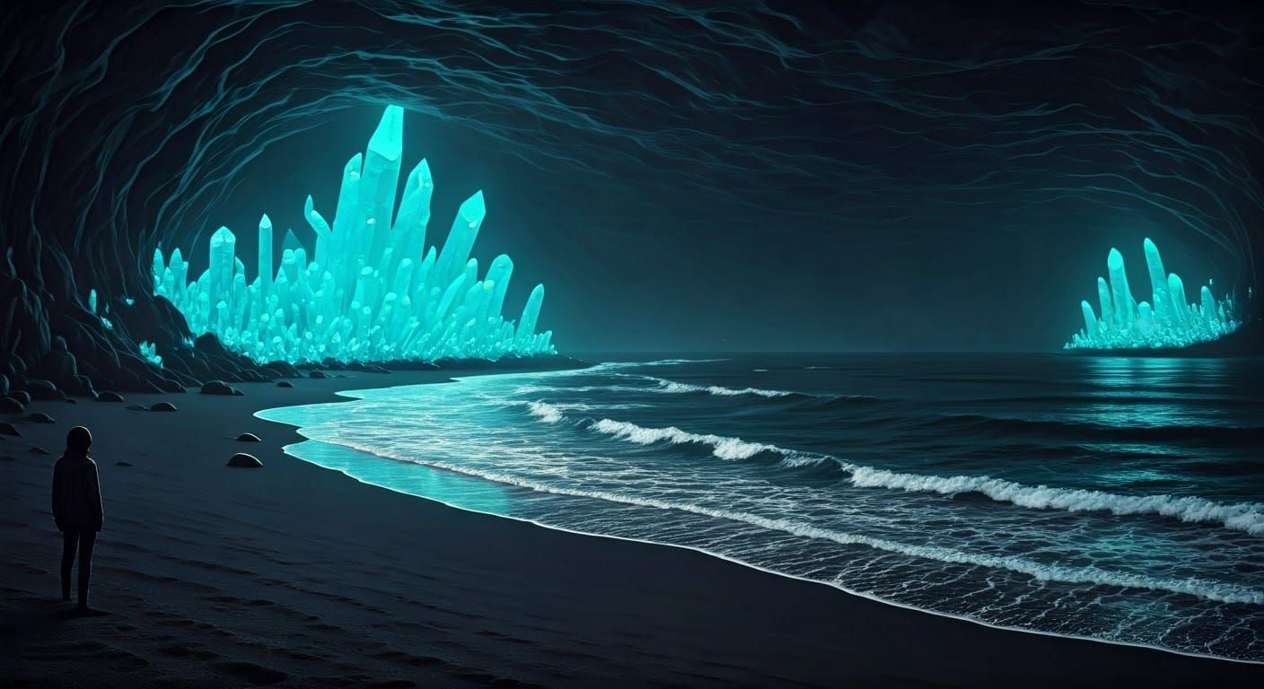 Ethereal Glow on a Black Sand Subterranean Beach