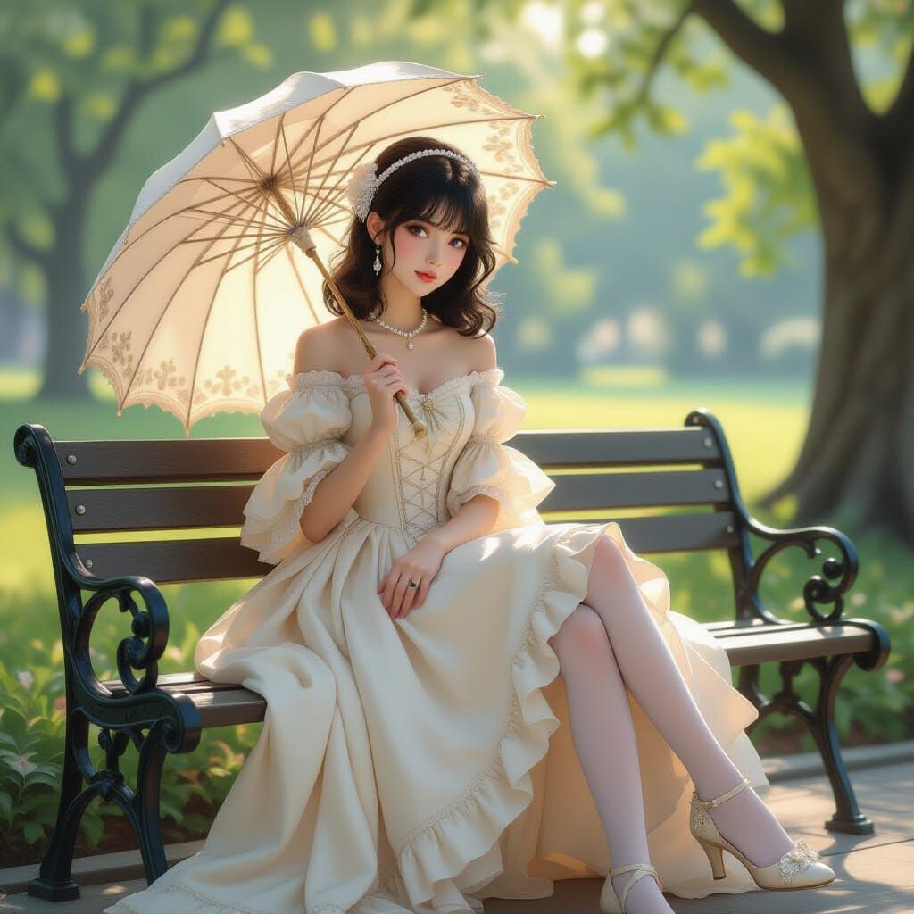 Teen Girl in Rococo Dress on Park Bench