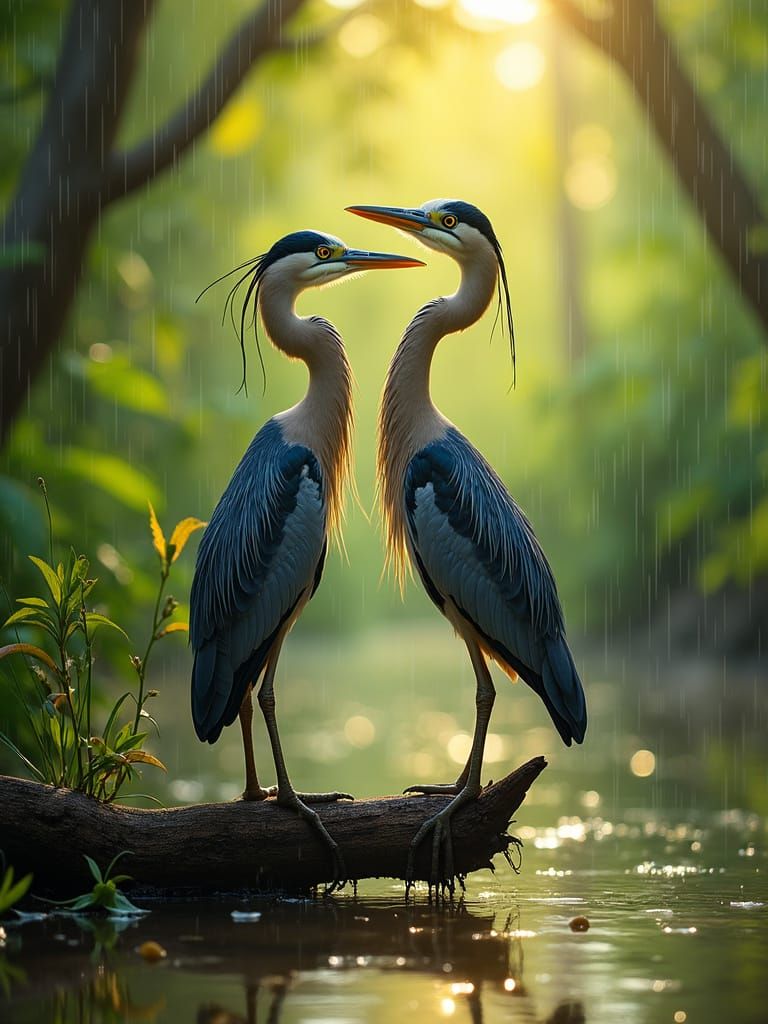 Wet Yellow Crowned Night Heron Couple in Vibrant Jungle Sett...