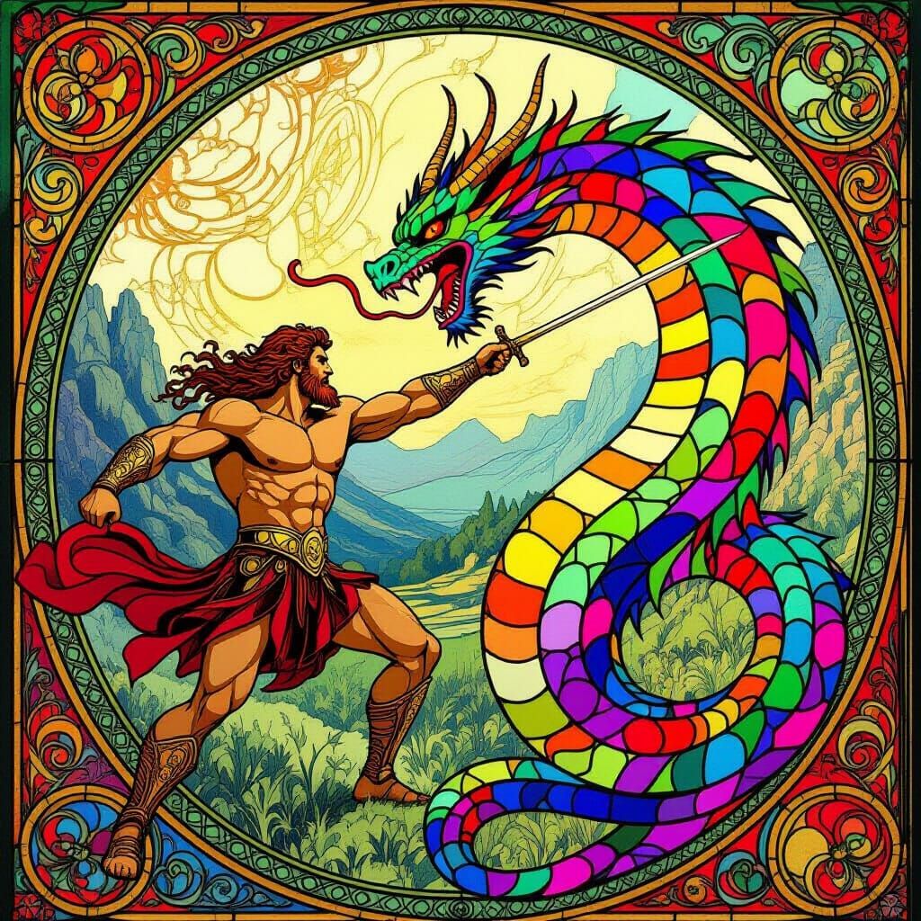Hercules Battles Hydra in Art Nouveau Style