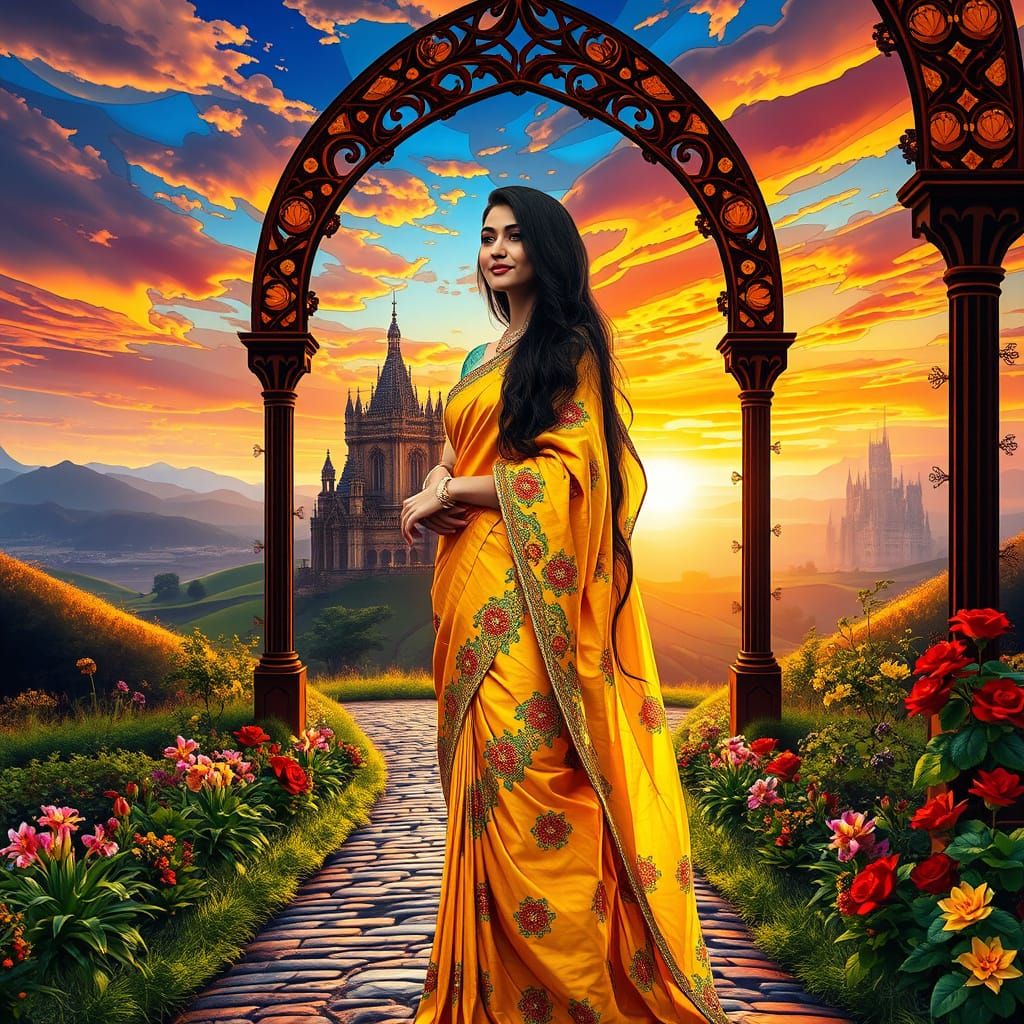 Confident Young Woman in Stained Glass-Inspired Saree