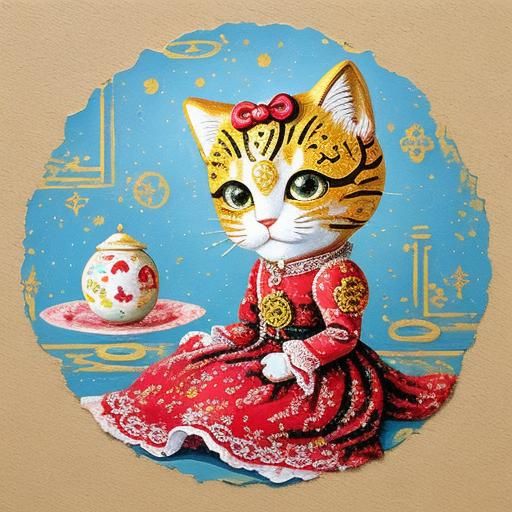 Hello Kitty as Rococo Maneki Neko Impasto