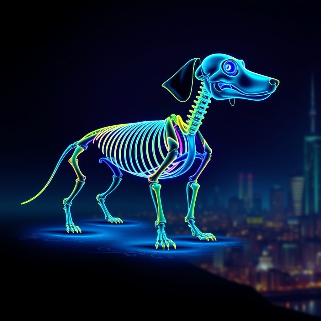 Neon Dachshund Skeleton in Futuristic Style