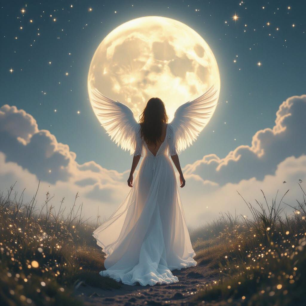 Ethereal Angel Walking Toward the Moon