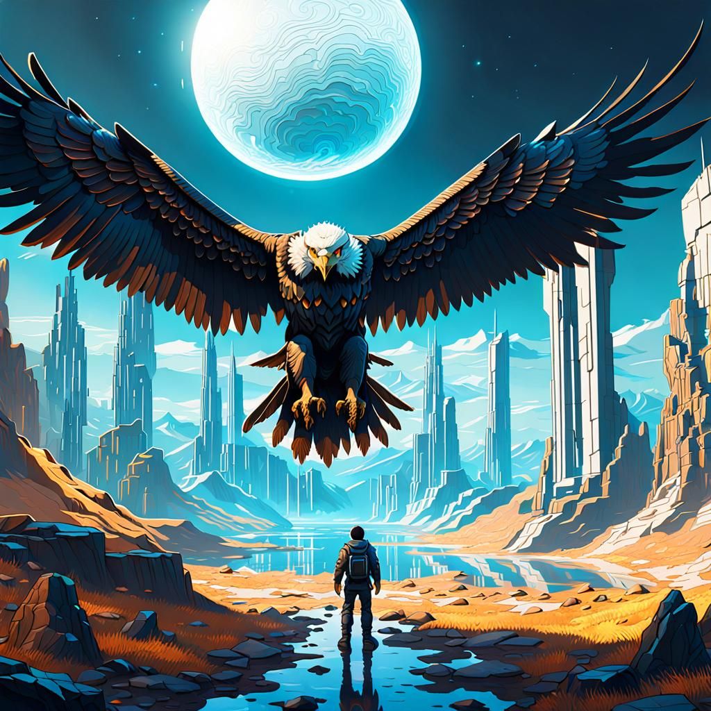 Giant Eagles in Retrofuturistic Fantasy Landscape