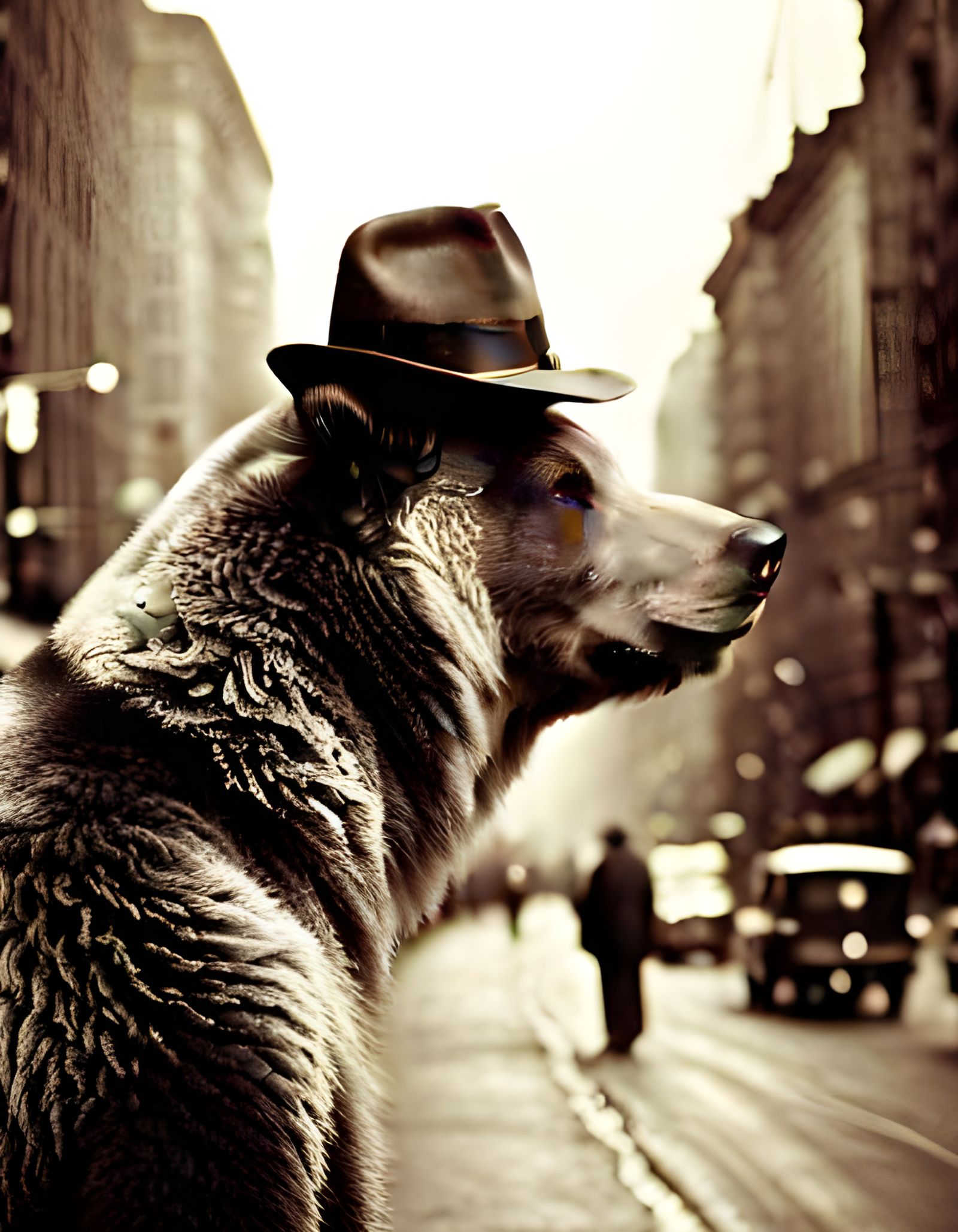 Grizzly Bear in City: Vintage Photography