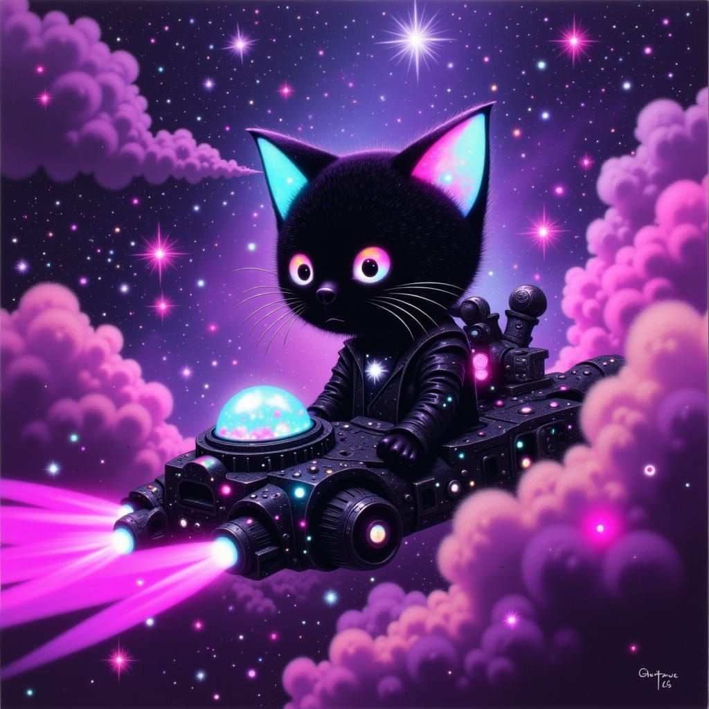 Cosmic Kitty Pilots Spaceship Through Nebula, Digital Art